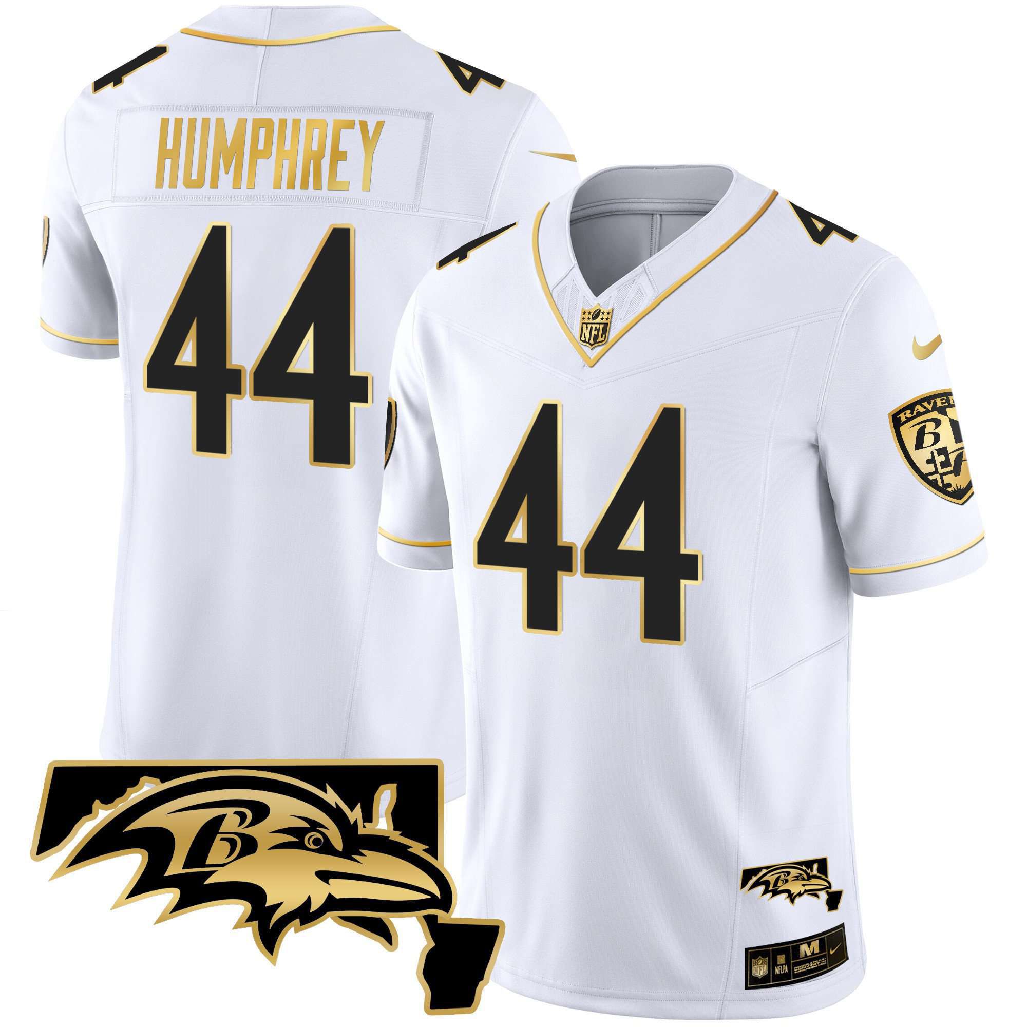 Men Baltimore Ravens #44 Humphrey White Gold 2024 Nike Maryland Patch Vapor Limited NFL Jersey